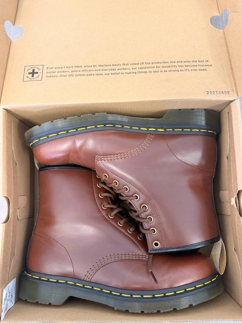 Dr. Martens Brown Leather 8-Eye Lace-Up Boots with Yellow Stitching